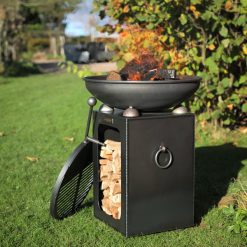 Fire Bowl with Log Store - Lifestyle with swing arm - Firepits UK - WEB - Lo Res