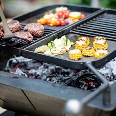 Box Tower with Log Store - Firepit - Lifestyle lit with food - Firepits UK - WEB 600x600 - Lo Res4