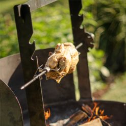 PP - Plain Jane Fire Pit with Wind Shield and Chicken on Rotisserie Lit - Lifestyle - Firepits UK - WEB 600x600 - Lo Res 286