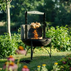 PP - Plain Jane Fire Pit with Wind Shield and Chicken on Rotisserie Lit - Lifestyle - Firepits UK - WEB 600x600 - Lo Res 335