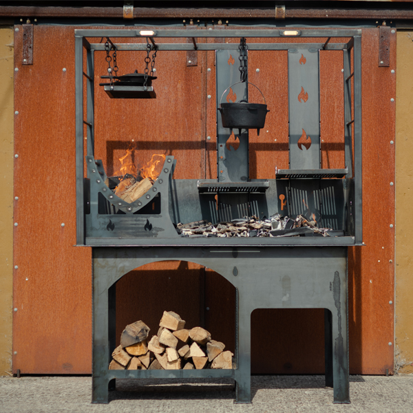 Outdoor barbecue fire cage made from mild steel, with 2 grills and pots.Portico Grill