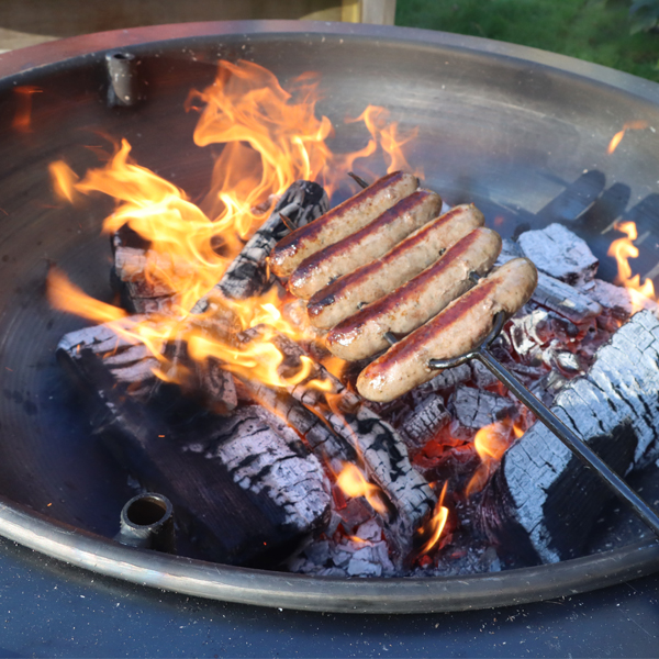 Sausage Fork - Lifestyle with sausages close up - Firepits UK - WEB 600x600 - Lo Res