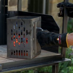 Charcoal Chimney Starter upright with lit coals - Lifestyle - Firepits UK - WEB 600x600 - Lo Res